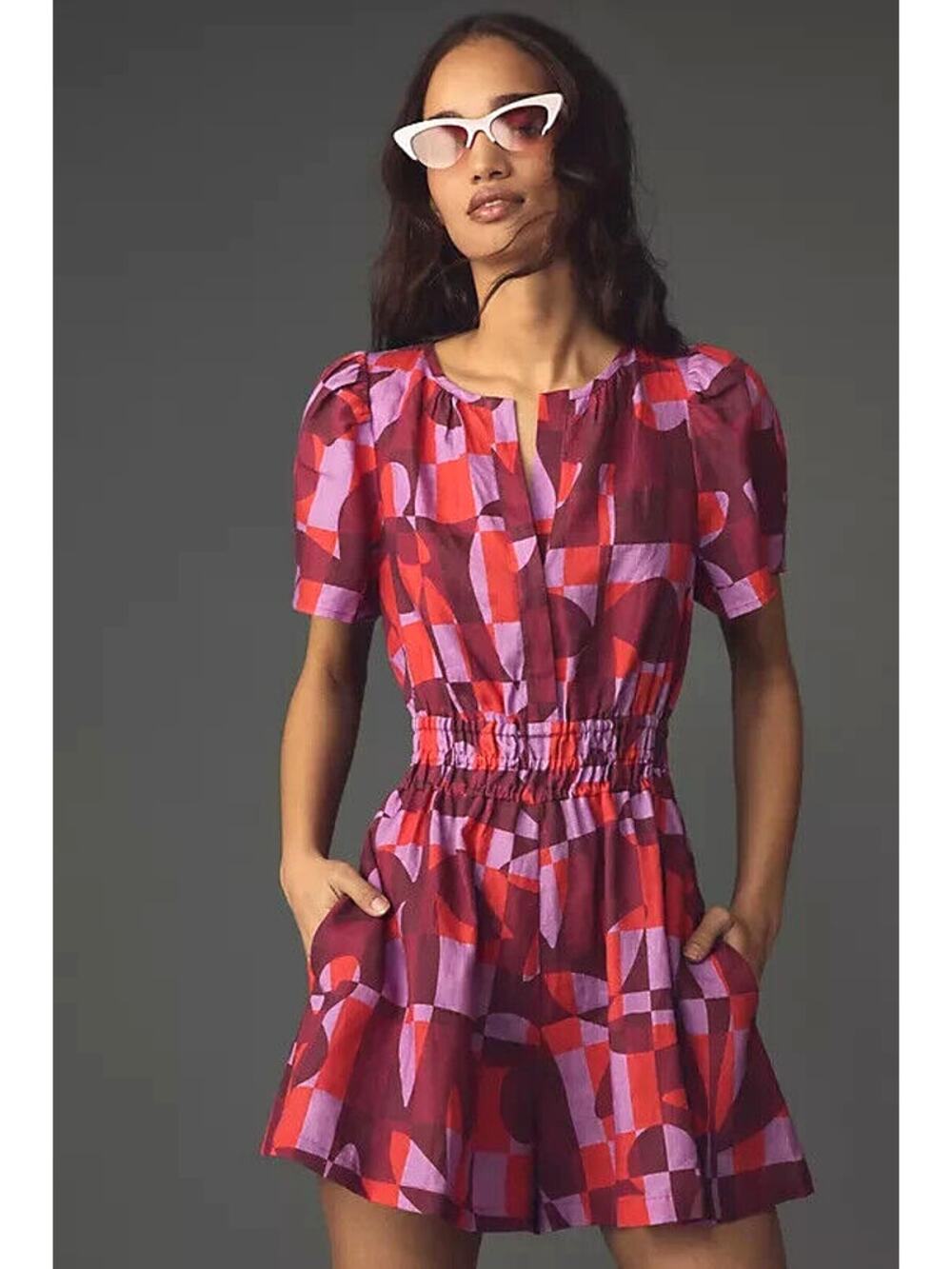 [Anthropologie] The Somerset Romper Linen Edition Red Purple Geometric Size XXS